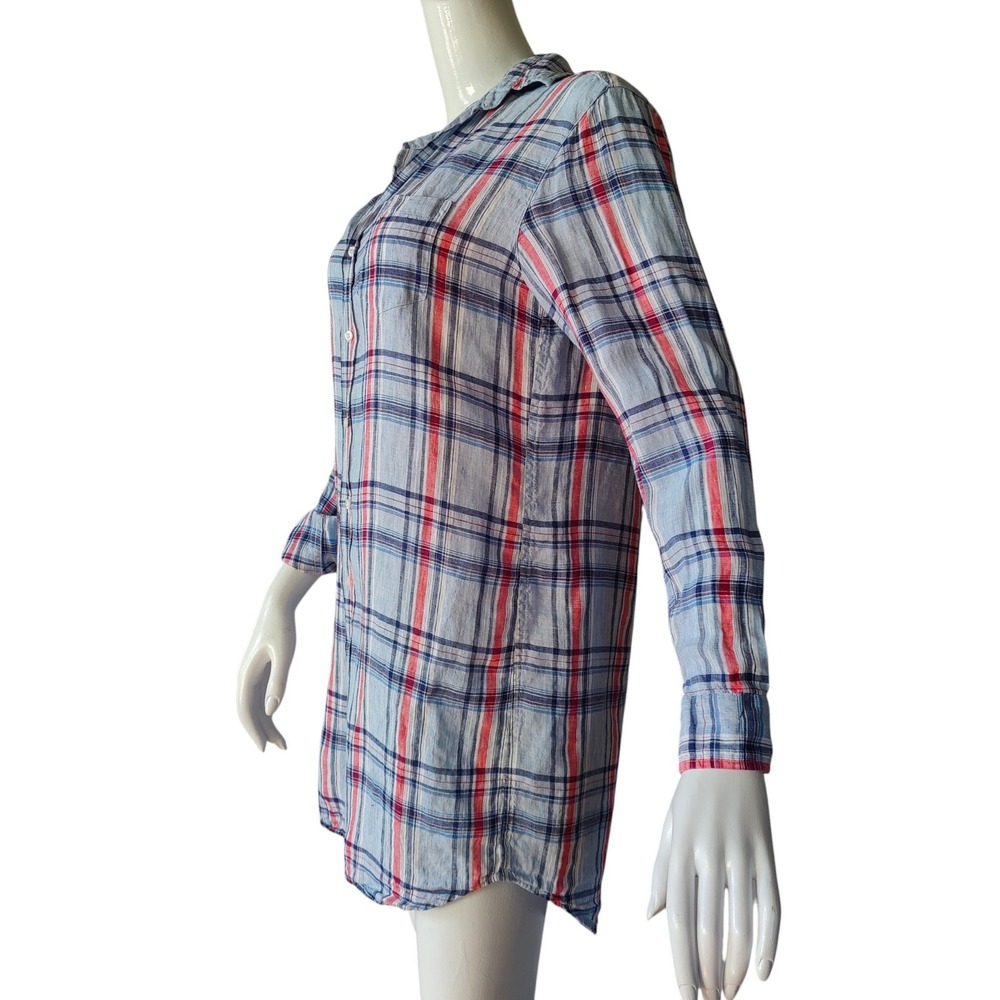 Frank & Eileen Mary Italian Linen Shirt Dress Plaid Shift XS Tunic Coastal Boho - Picture 3 of 8